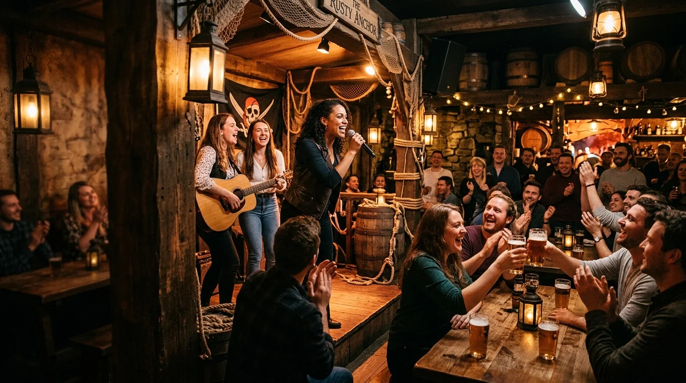 Serata karaoke con microfono e cantante sul palco al Tortuga Reggio Emilia