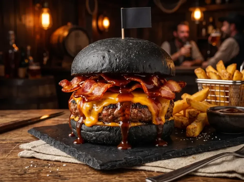 Perla Nera con bun nero senza sesamo, manzo, cheddar, bacon e bandierina